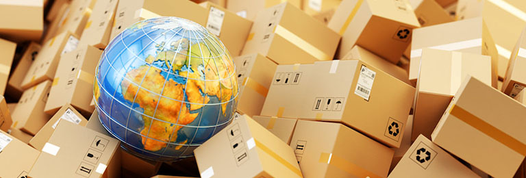 Background with heap of cardboard boxes, parcels and Earth globe